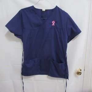 Denice Scrub Top Women Medium Purple pink Breast Cancer Ribbon v neck